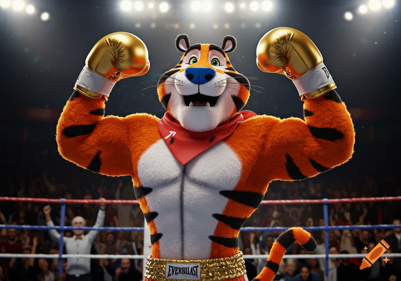 Cartoon tiger boxer flexing in a ring