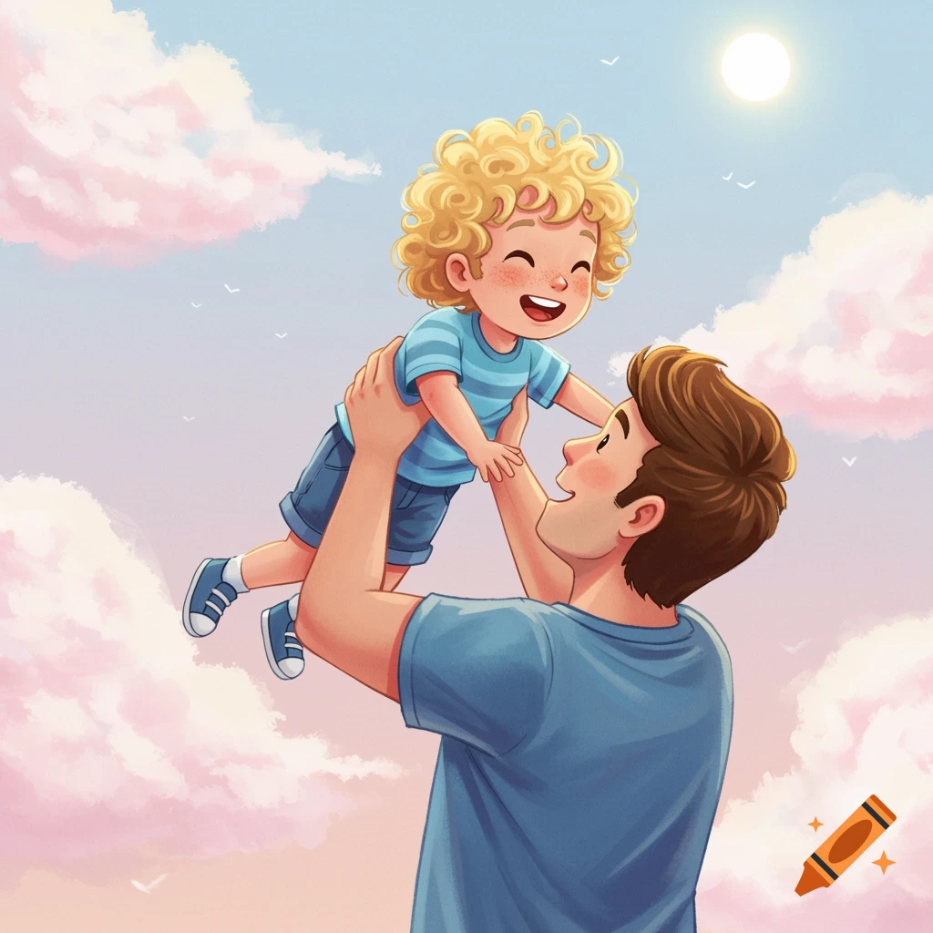 A father holds his young son up in the air against a sky background.