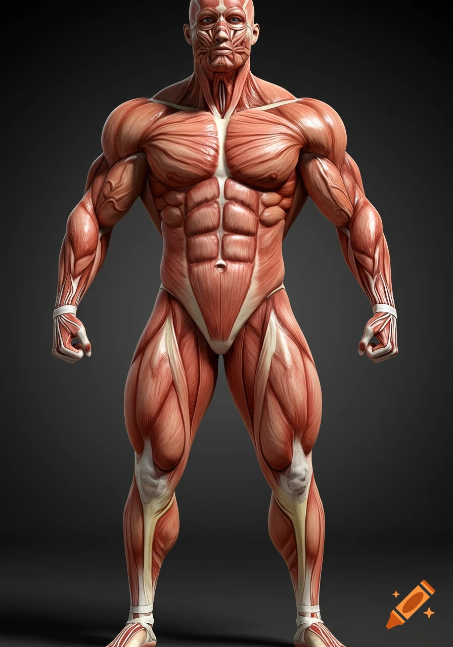 Detailed anatomical illustration of a muscular male figure showing muscles and tendons.