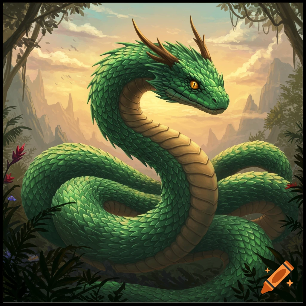 A green dragon snake in a jungle.