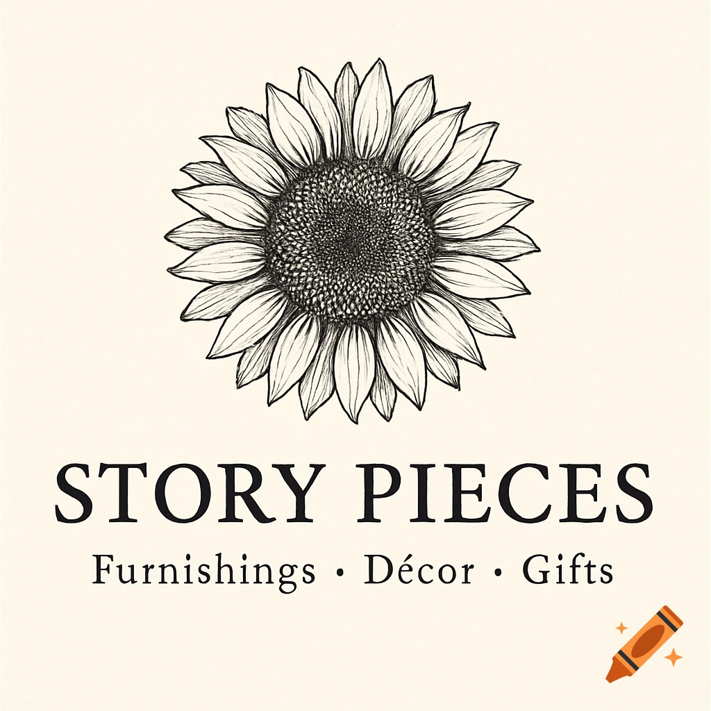 A black and white drawing of a sunflower above the text "STORY PIECES Furnishings • Décor • Gifts".