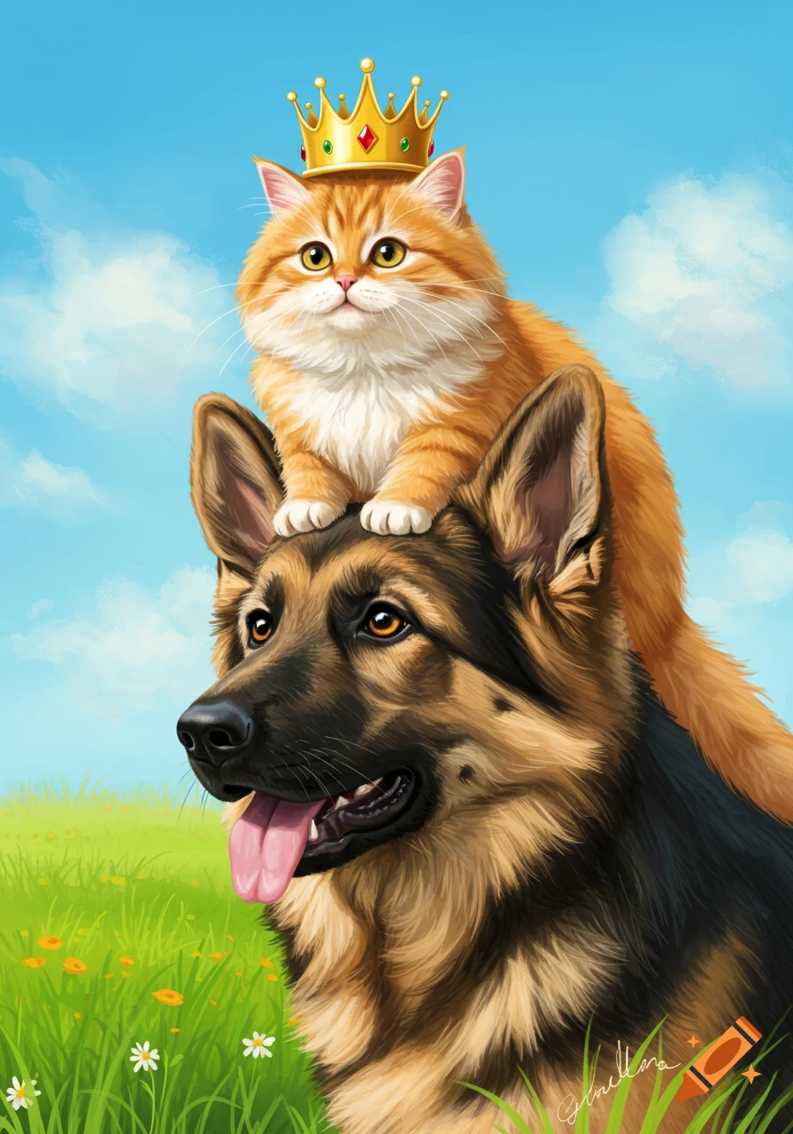 An orange cat wearing a crown is sitting on a German Shepherd dog's head in a grassy field.