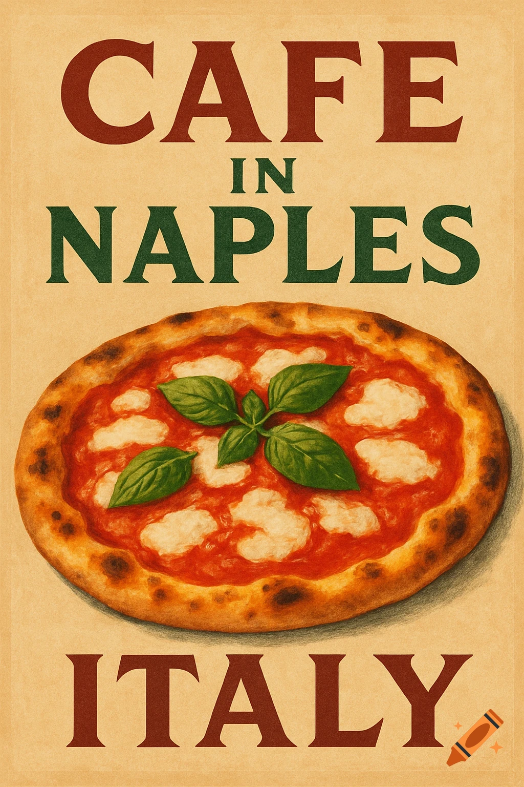 Vintage-style poster advertising CAFE IN NAPLES ITALY, featuring a pizza.