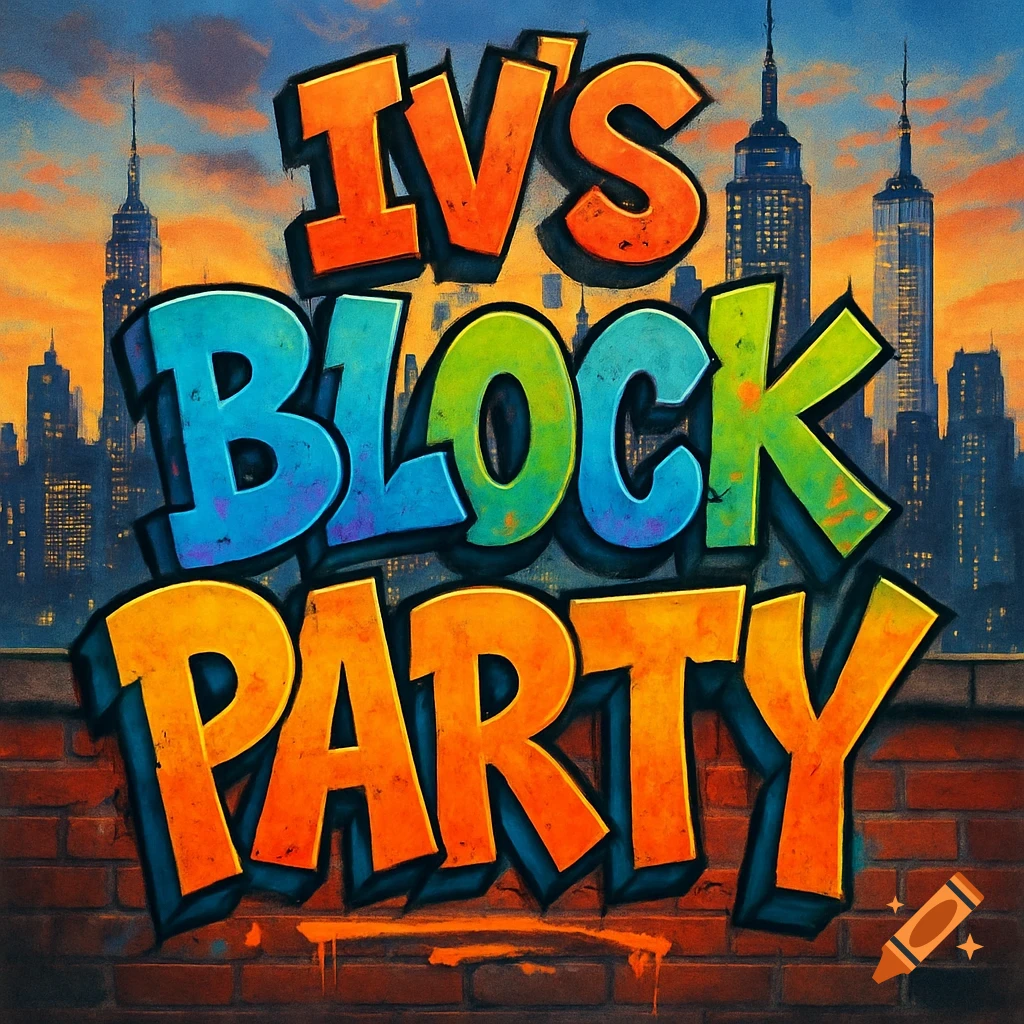 Graffiti spelling 'IV'S BLOCK PARTY' on a brick wall in front of an NYC skyline at sunset.
