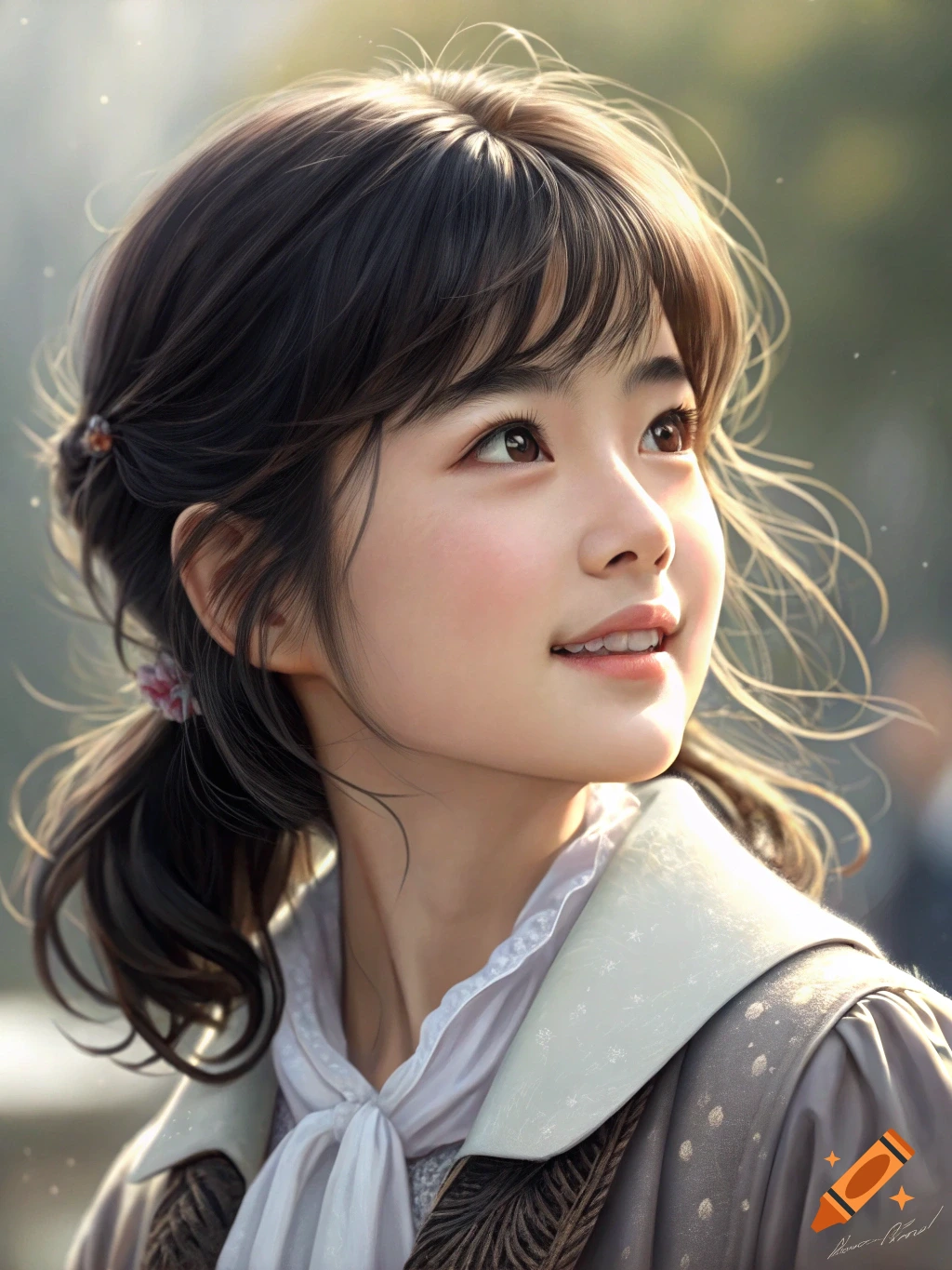 Digital art portrait of a young woman looking up and smiling, with her hair in pigtails.