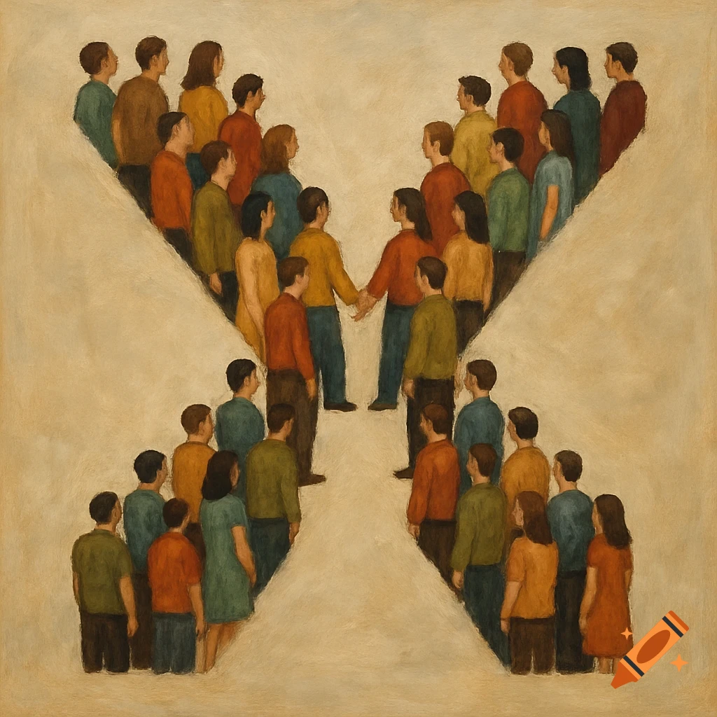 Stylized image of people forming an X shape.