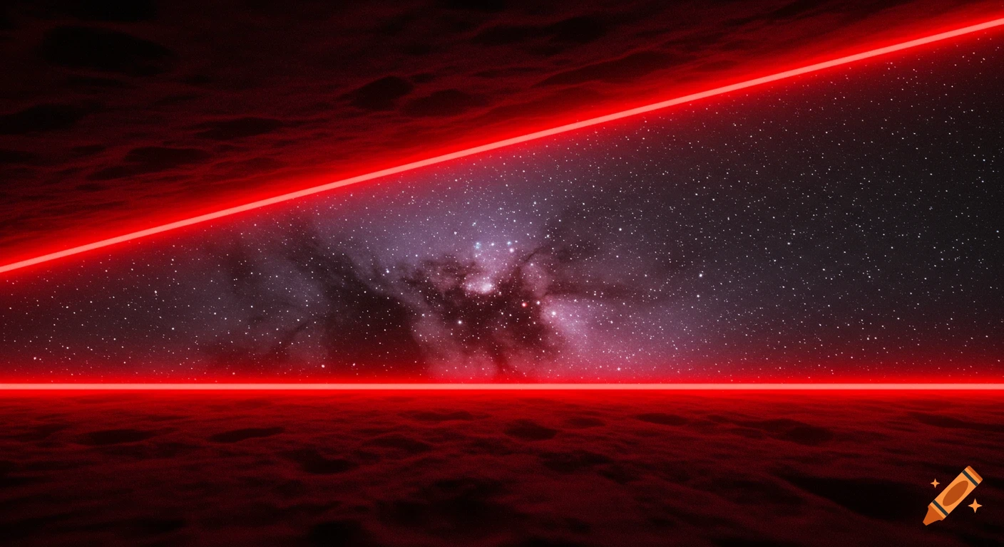 A depiction of space with stars and a nebula, framed by glowing red lines, over a dark surface.