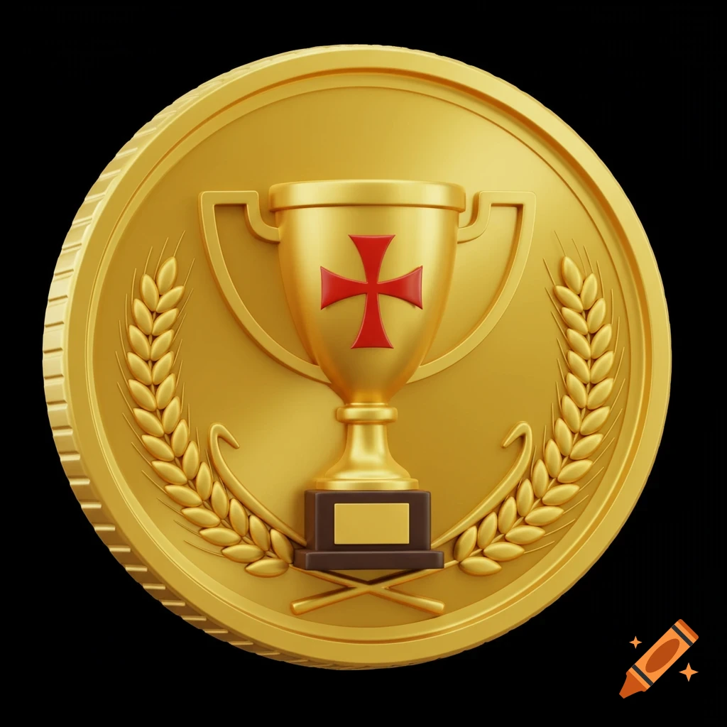 A golden 3D cartoon coin features a trophy with a red cross and is surrounded by golden wheat.