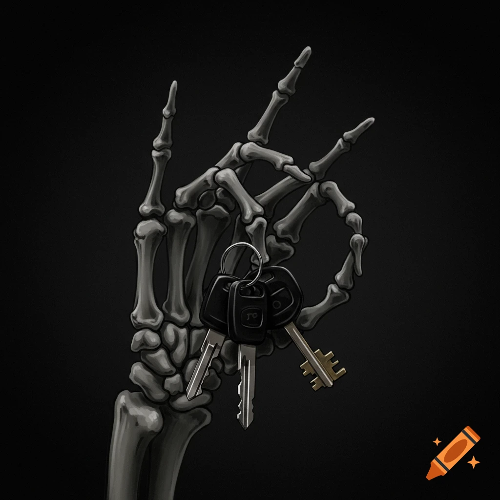A skeleton hand holding a set of car keys against a black background.