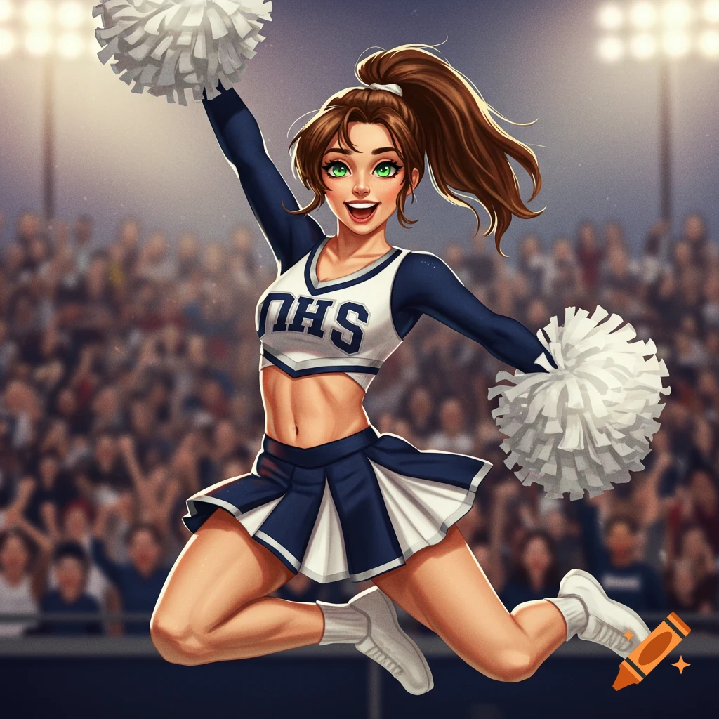 Stylized illustration of a cheerleader with green eyes jumping with pompoms in the air in front of a crowd.