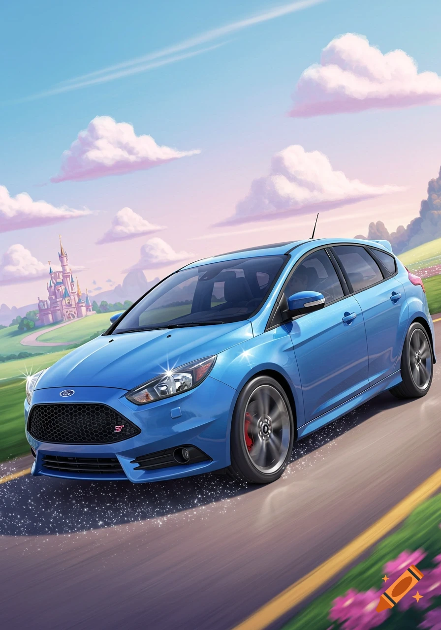 A bright Disney style image shows a blue Ford Focus ST driving on a road with a pink castle in the background.