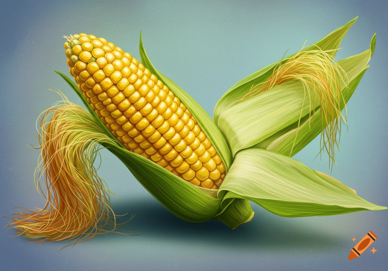 Stylized illustration of a partially husked ear of corn with silk against a blue background