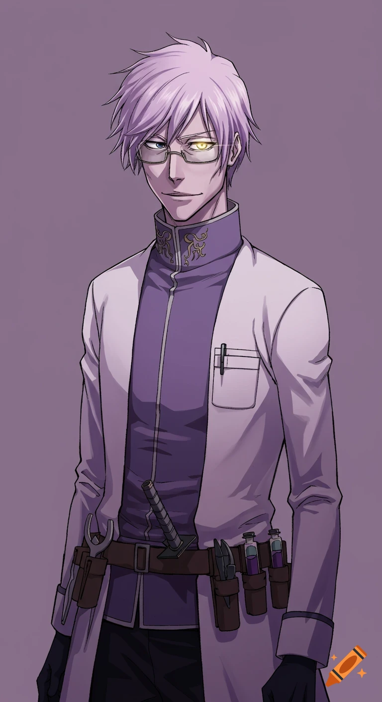 Anime illustration of a male character with lavender hair, glasses, and mismatched eyes, wearing a lab coat and carrying tools.