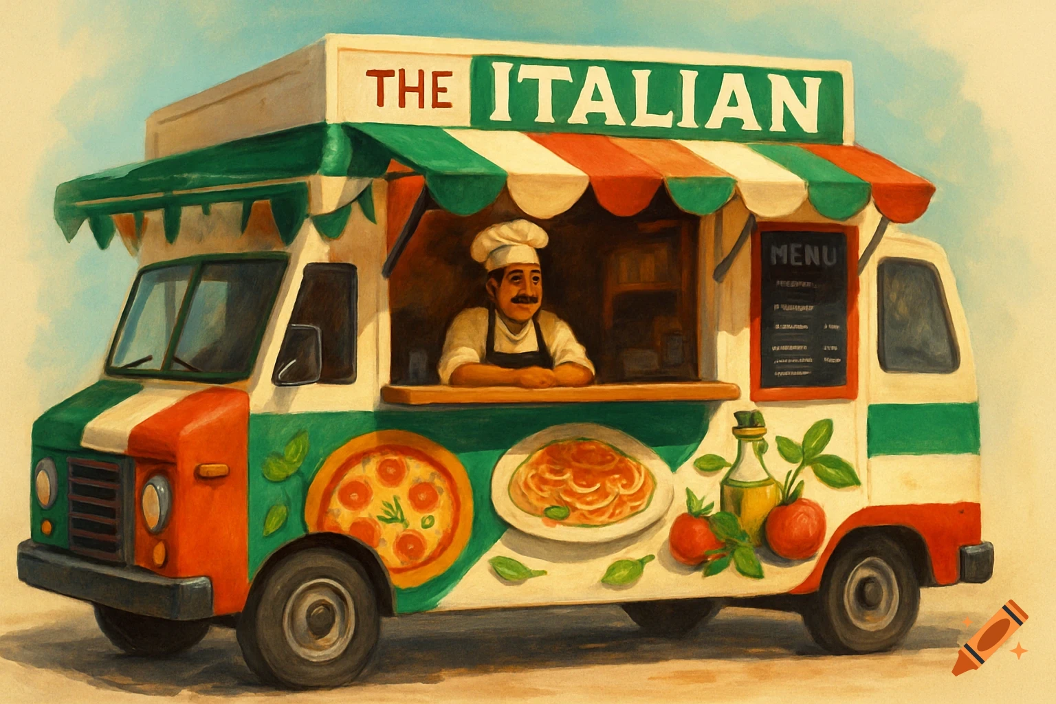 A painting of an Italian food truck with a chef, pizza, and pasta.
