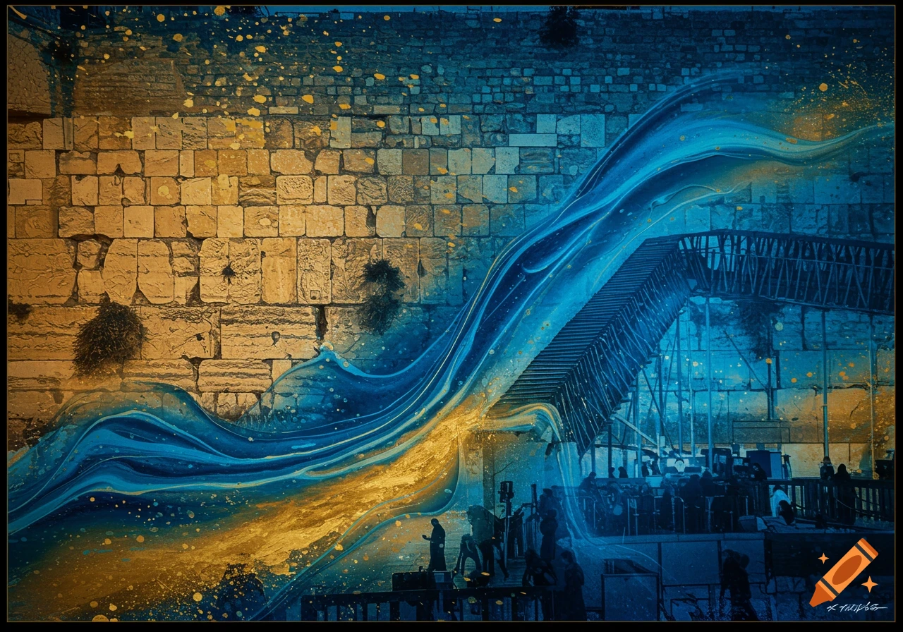 Western Wall blended with abstract blue and gold waves and figures