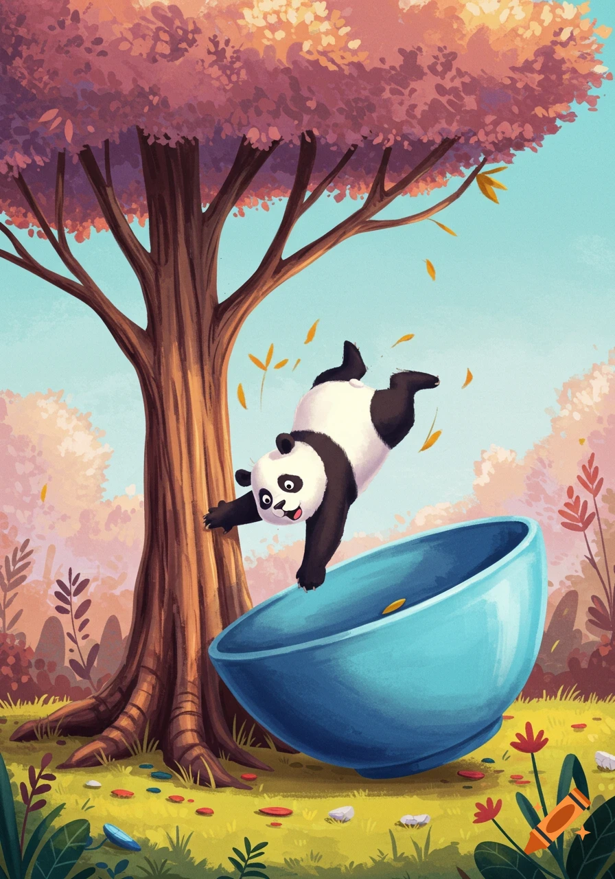 Illustration of a panda falling towards a blue bowl under a tree.