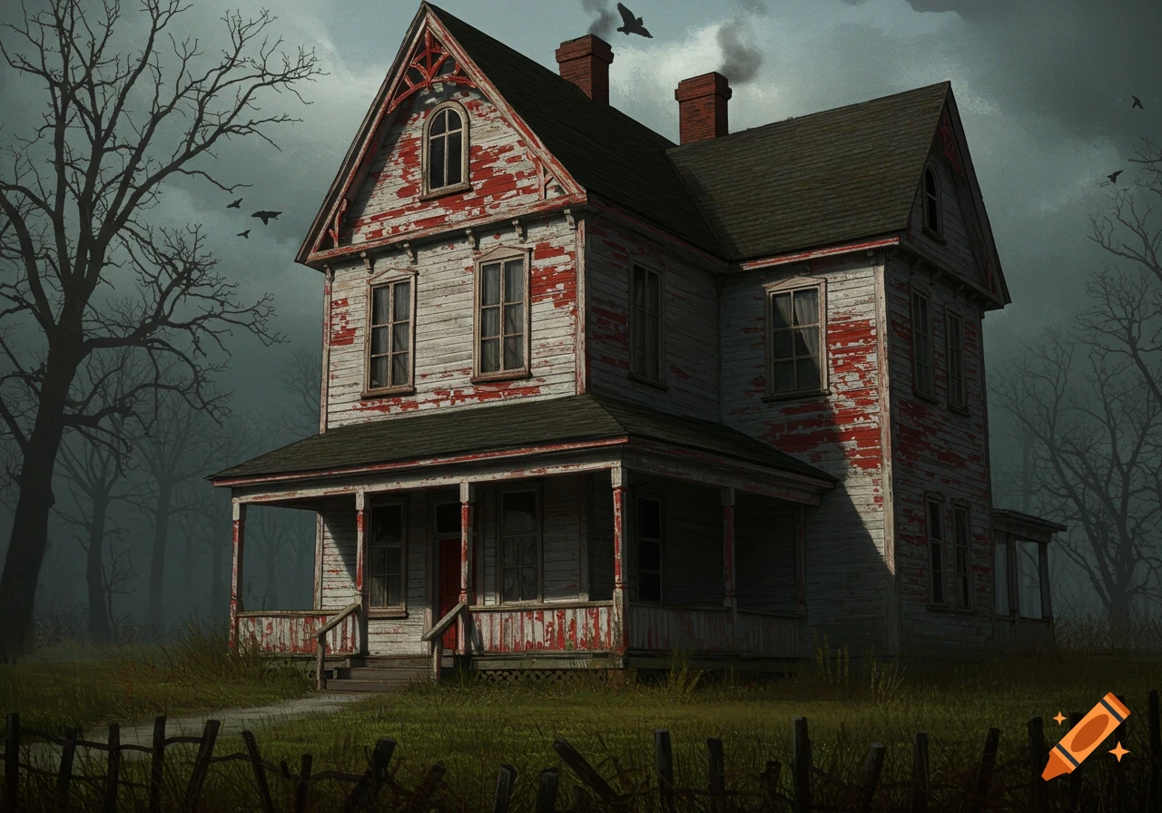 A spooky, dilapidated house with peeling red and white paint stands under a dark, cloudy sky, surrounded by bare trees and crows.