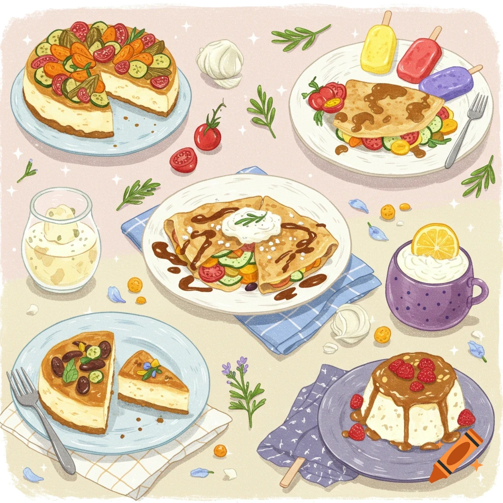 Illustrated overhead view of various unusual food dishes and desserts.