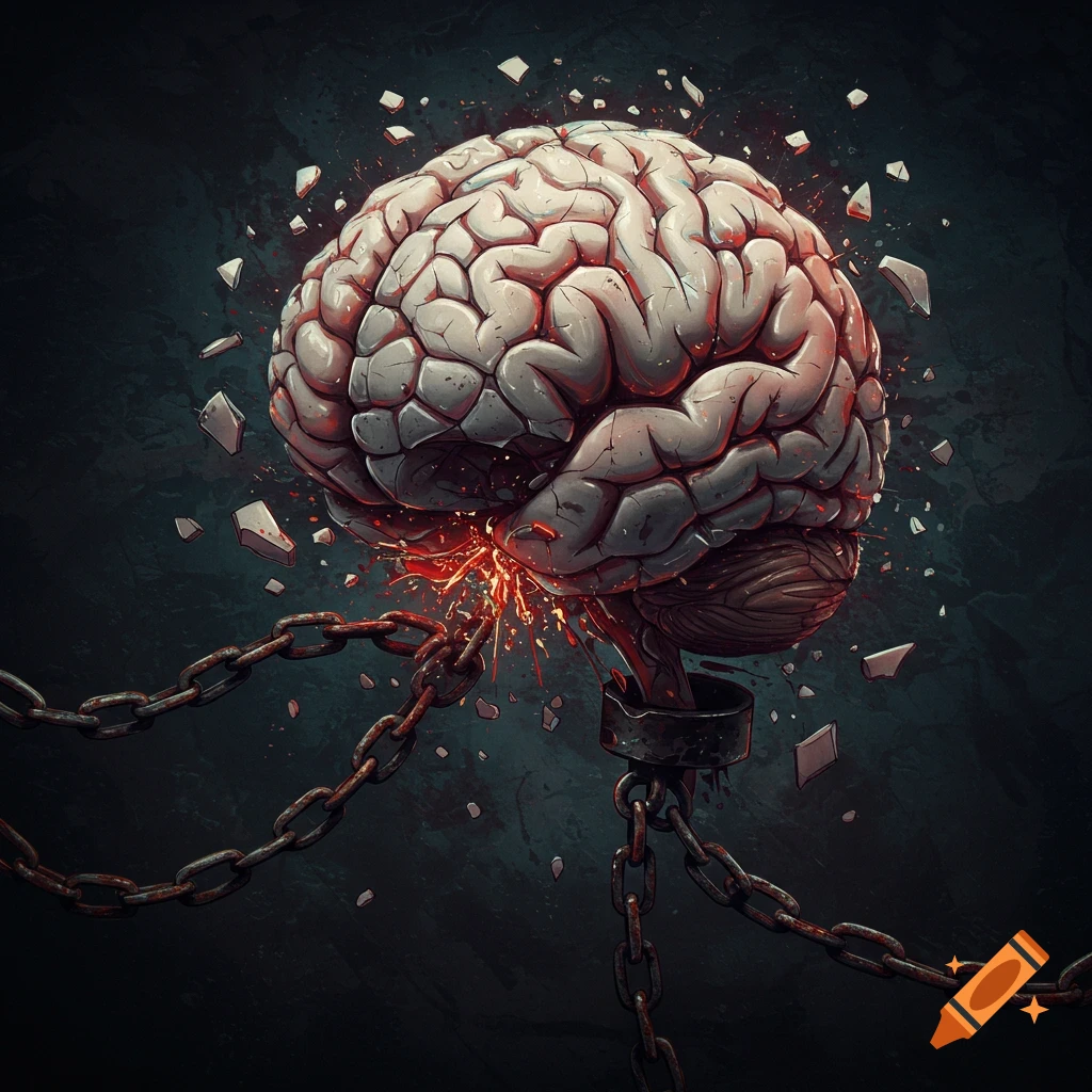 A brain being shattered and held by heavy chains