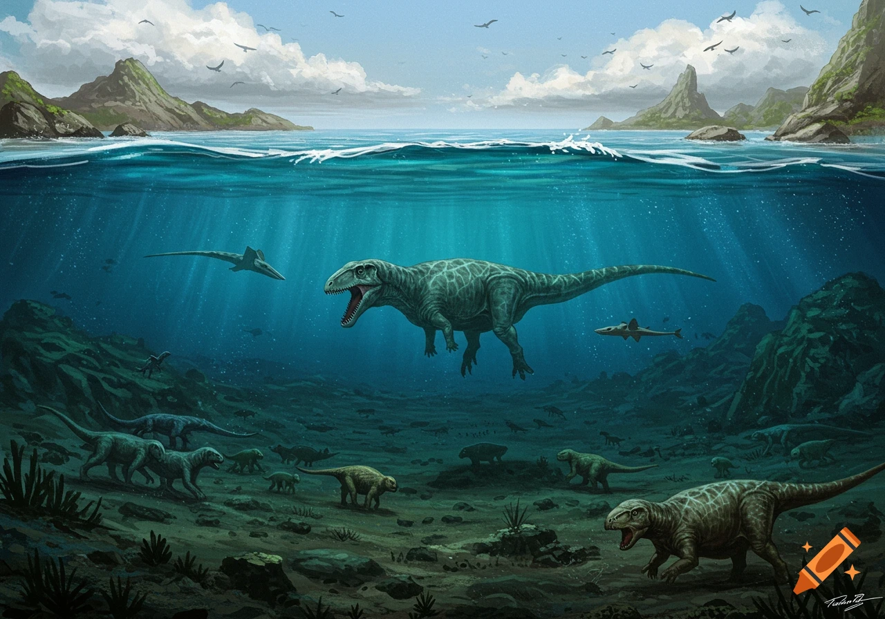 Prehistoric scene with dinosaurs swimming underwater and walking on land near islands.