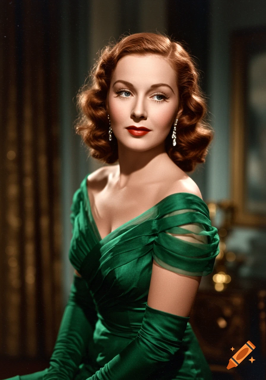A woman with auburn hair in a green dress and earrings, styled like a vintage film portrait.