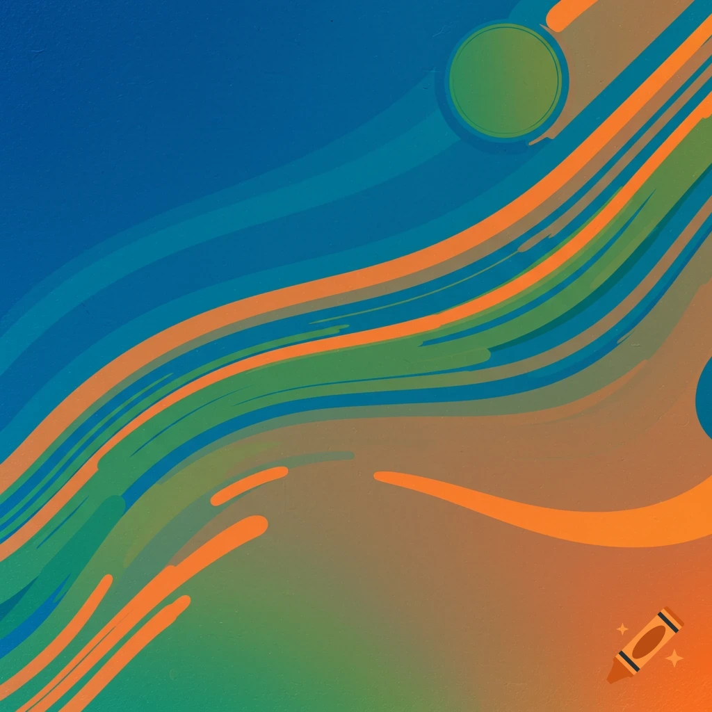 Abstract swirling pattern with blue, green, and orange waves in a retro style.