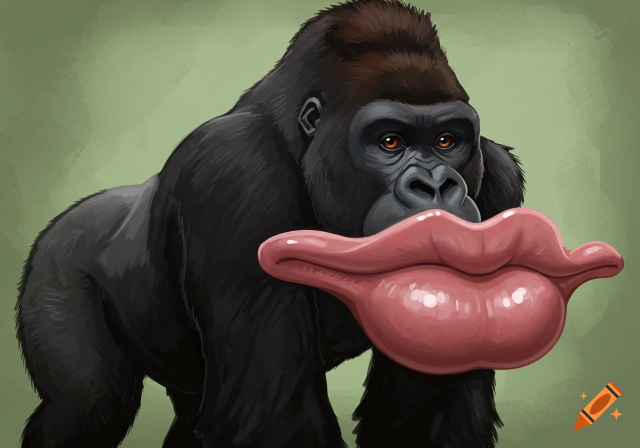 Illustration of a black gorilla with massive puffy pink lips.