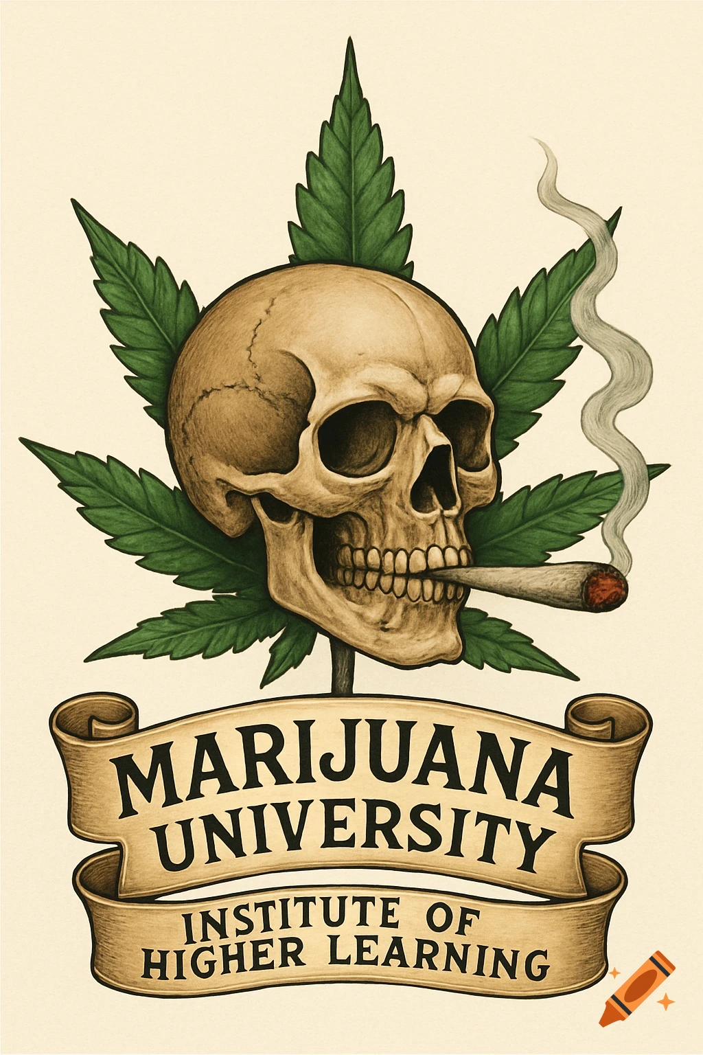 Vintage illustration of a skull smoking a joint behind a marijuana leaf with a banner reading 'MARIJUANA UNIVERSITY'