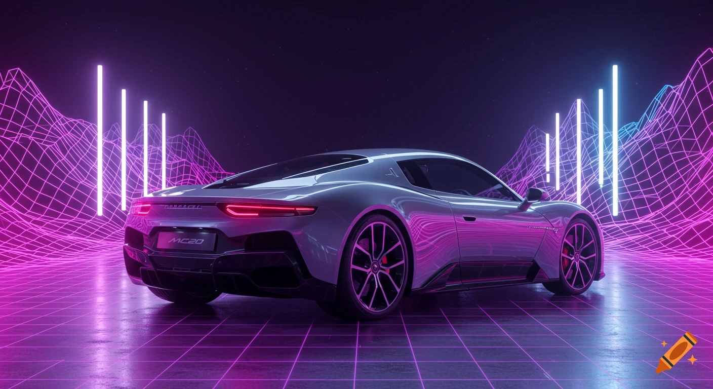 A white Maserati MC20 sports car is positioned within an environment featuring a grid pattern illuminated by purple and blue neon lights.