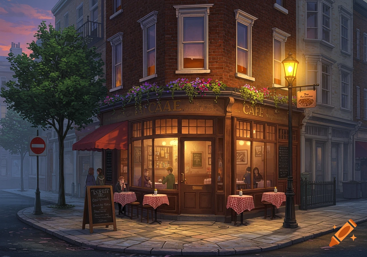 A street corner cafe with people sitting outside at tables, lit by a lamp post at dusk. Illustrated style.