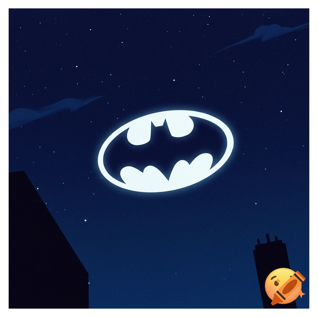Batman symbol projected in the night sky over a city skyline with a peach emoji.