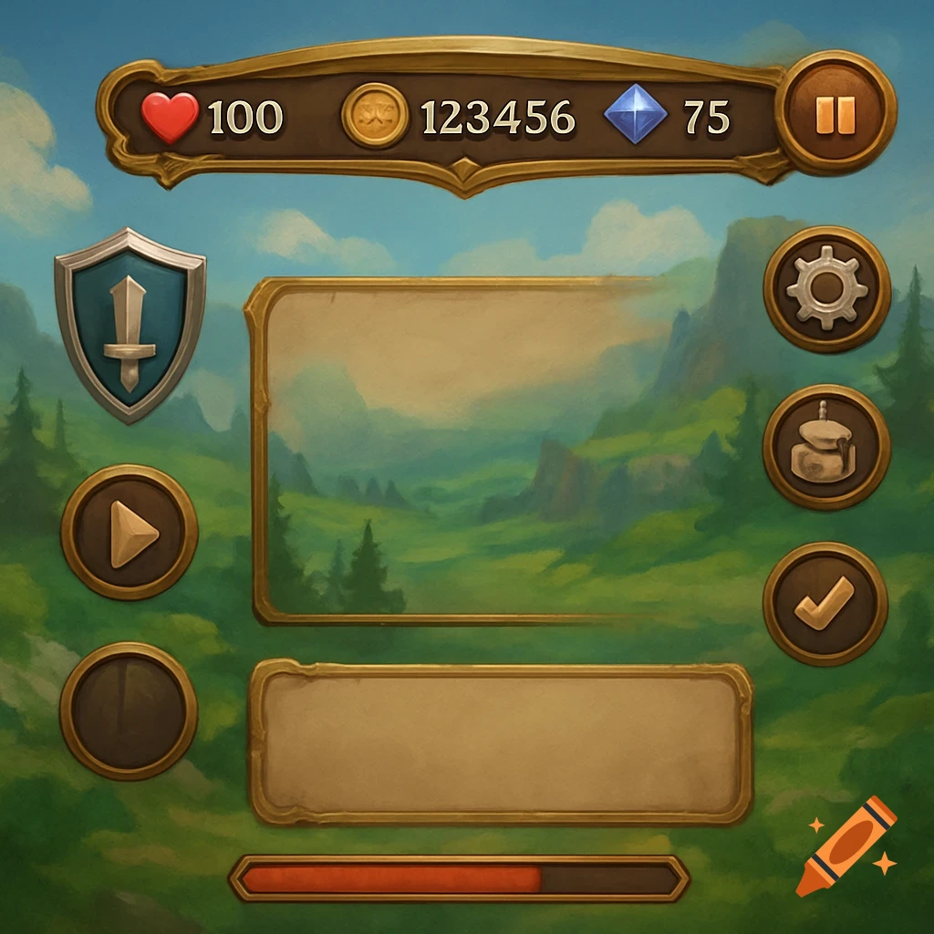 Game UI overlay with numbers, icons, and status bars over a painted fantasy landscape.