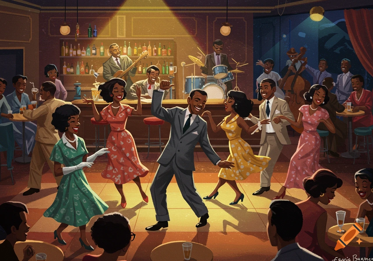 Vibrant illustration in Ernie Barnes style of people dancing in a 1950s blues bar.