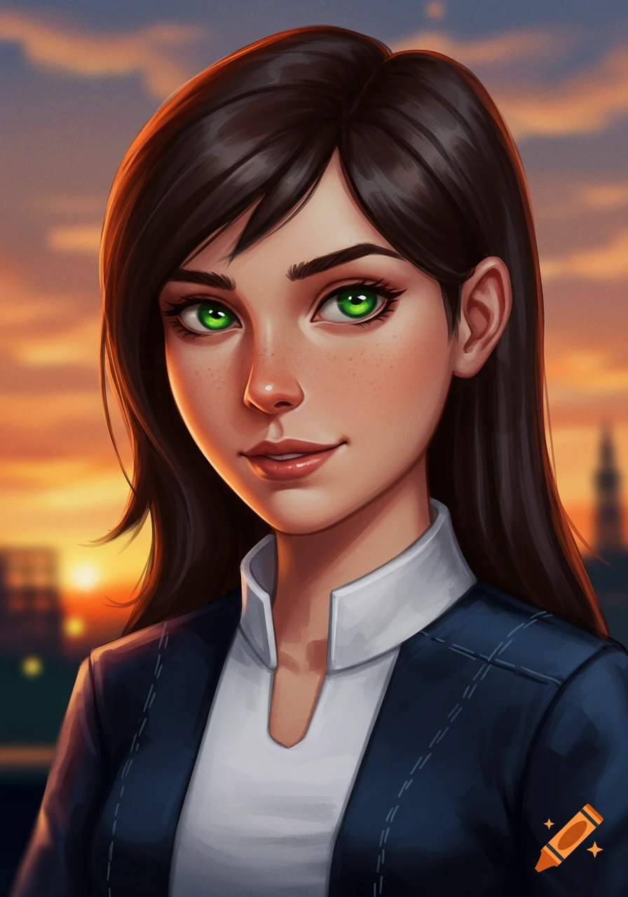 A portrait of a woman with green eyes and freckles against a sunset city background.