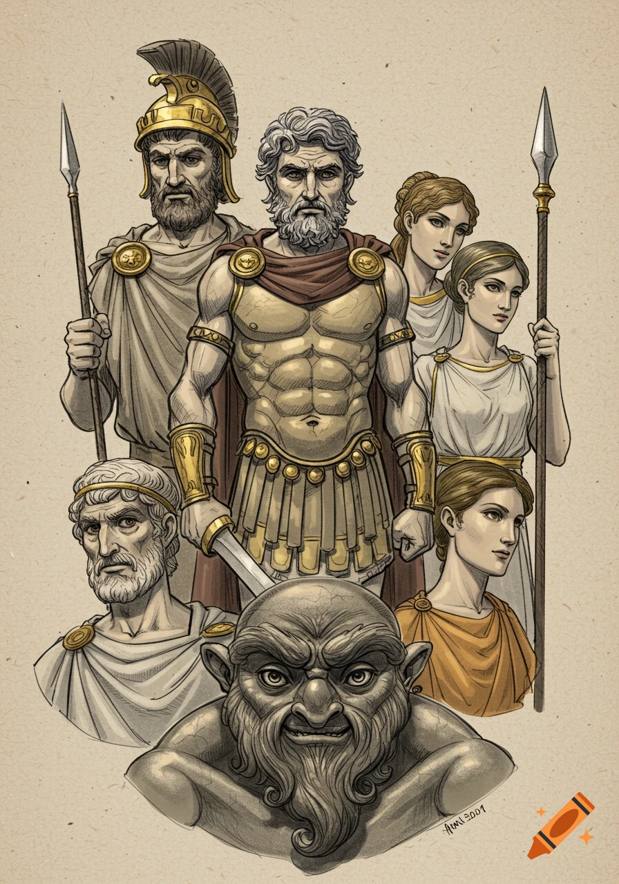 Drawing of several Greek mythological figures including Odysseus, women, and a cyclops.