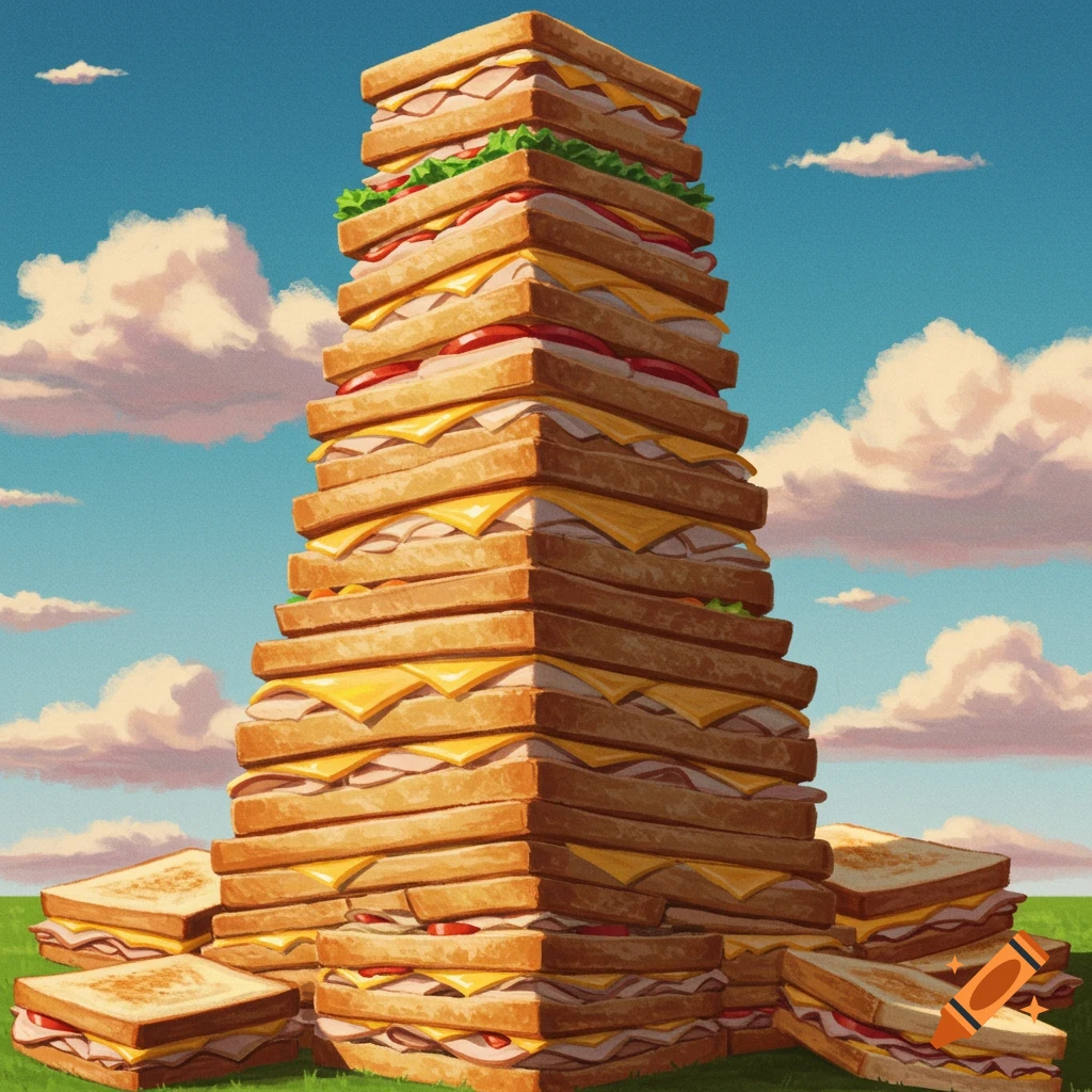 A giant stack of turkey and cheese sandwiches in a landscape.