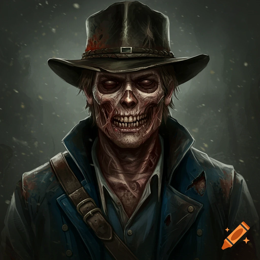 Digital illustration of an undead man in a cowboy hat and coat