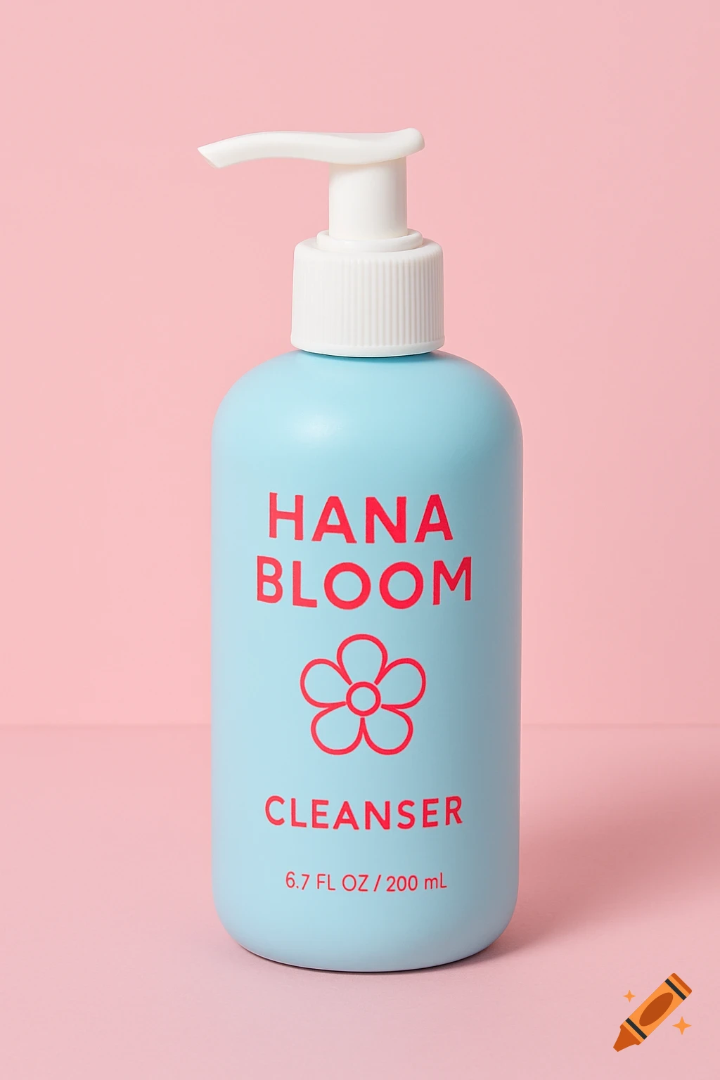 A baby blue cleanser bottle with a white pump, labeled "HANA BLOOM CLEANSER" in red, on a pink background.