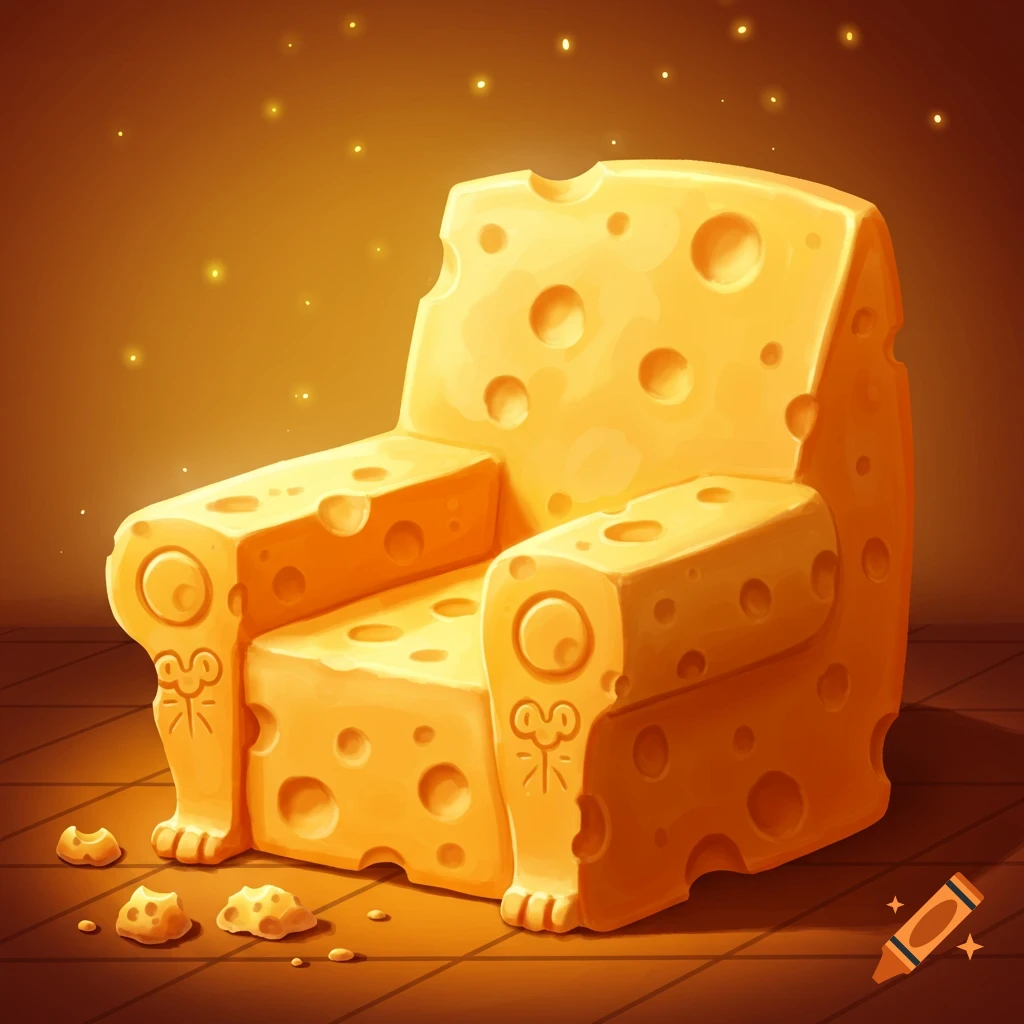 A chair made entirely of Swiss cheese with holes, sitting on a wooden floor with cheese crumbs.