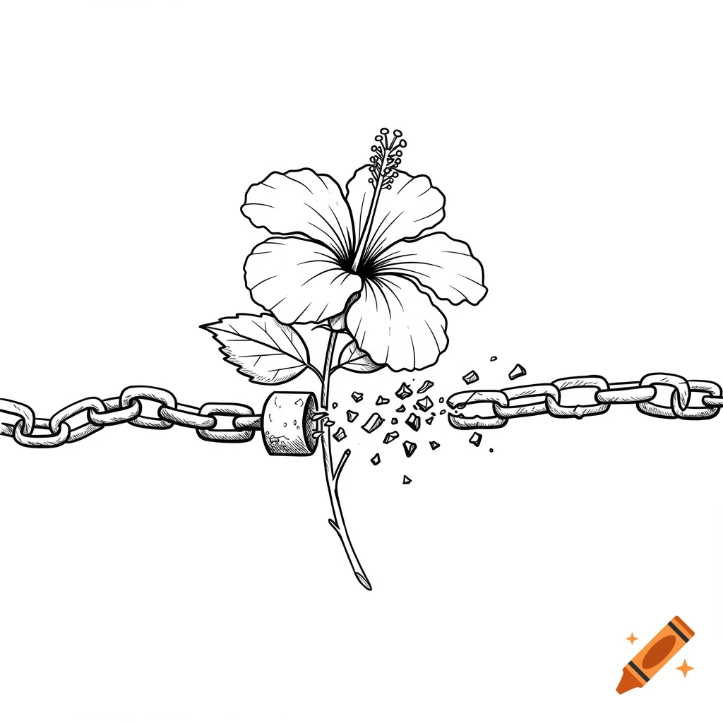 Black and white line drawing of a hibiscus flower breaking a metal chain.