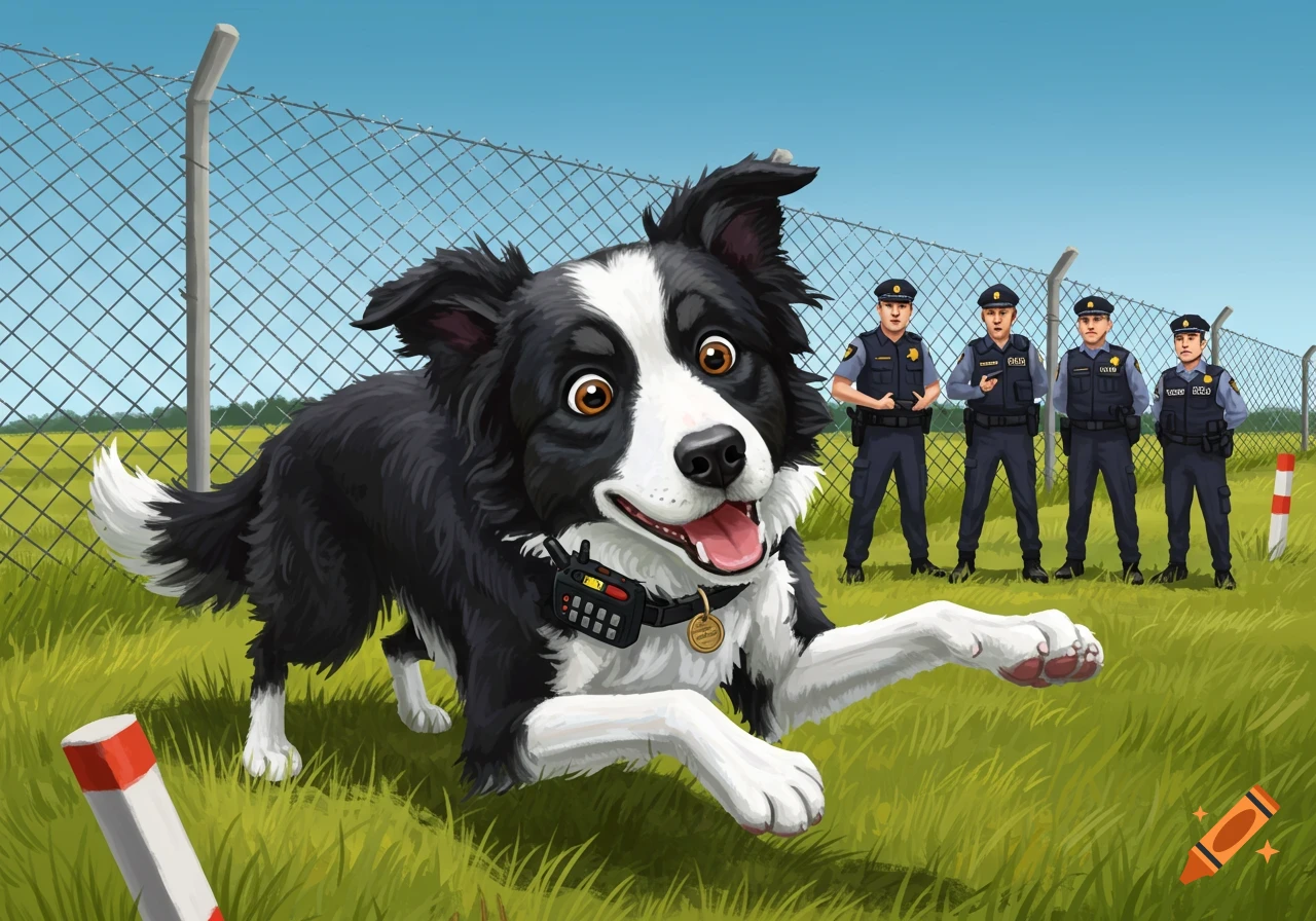 An illustrated Border Collie with a walkie talkie runs past four police officers standing by a chain link fence.