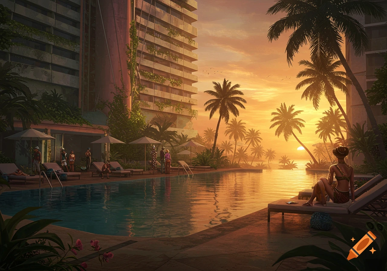 A tropical hotel pool at sunset with people