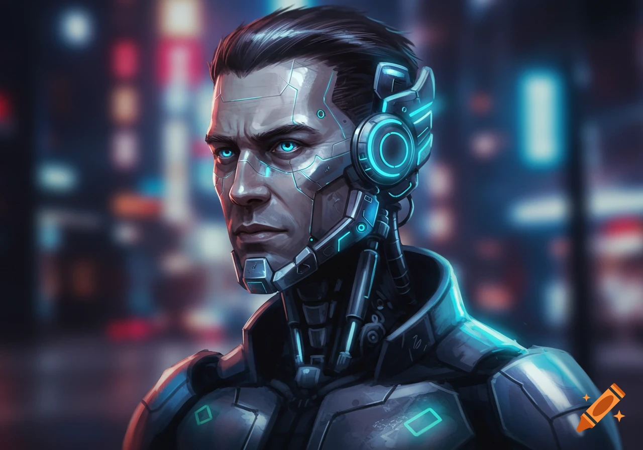 A man with glowing blue cybernetic enhancements stands against a blurry city background.