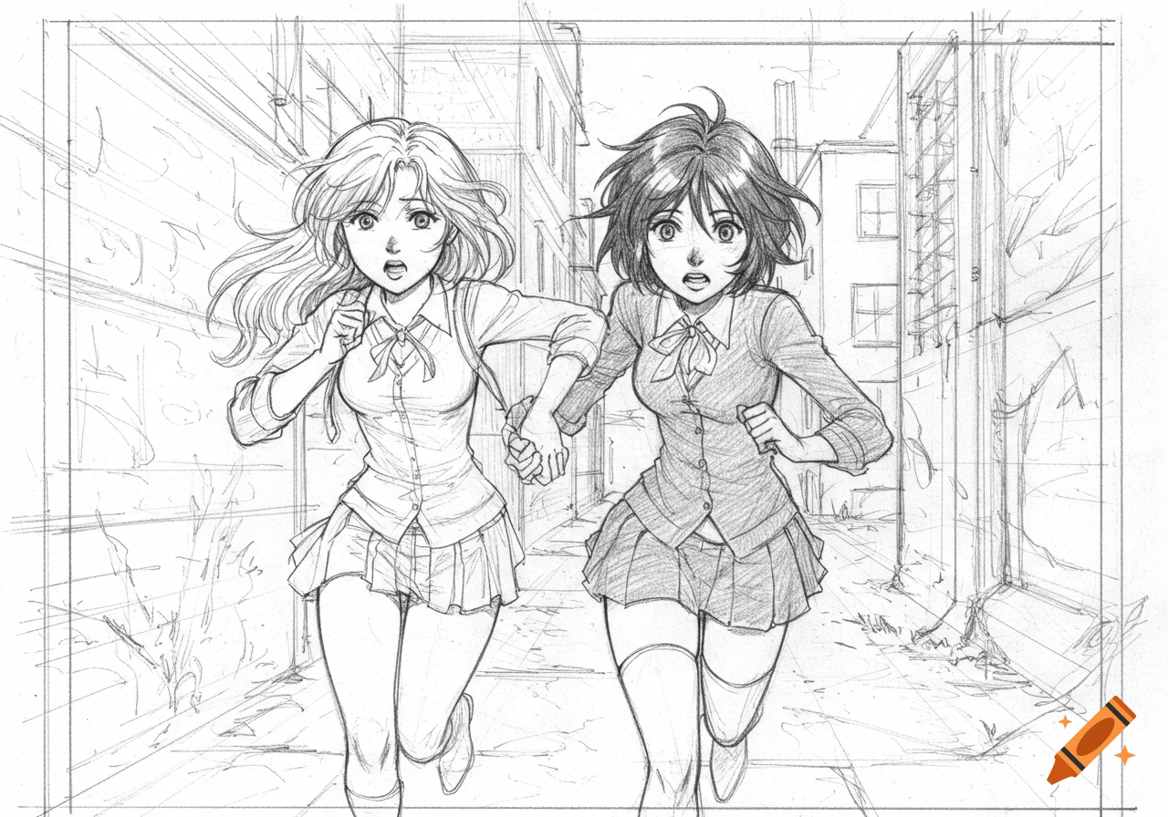 Two anime girls with scared expressions run down a street, holding hands, in a black and white pencil sketch style.