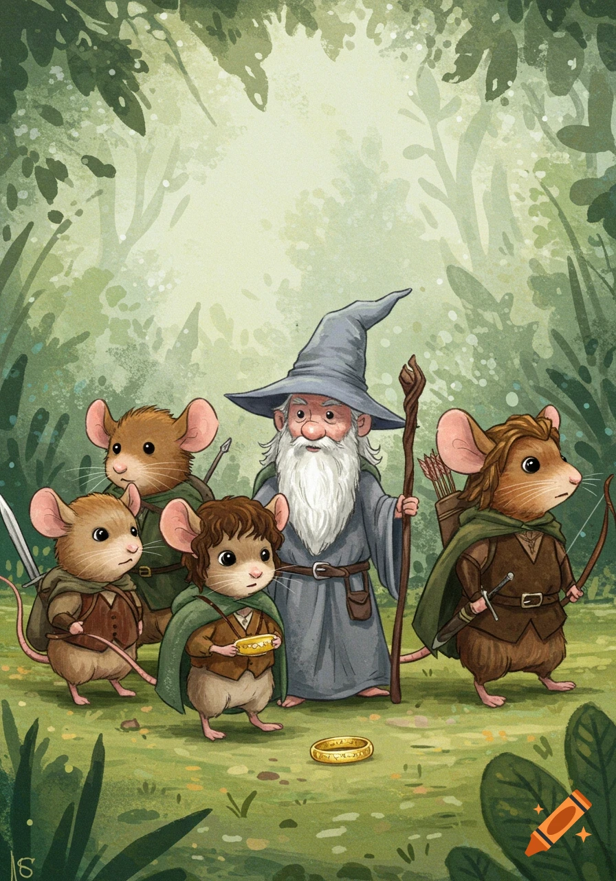 Anthropomorphic mice characters from Lord of the Rings in a forest setting