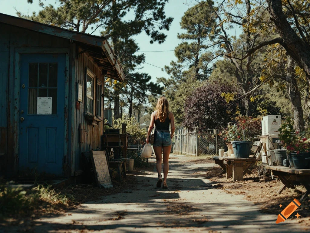 A woman walks away from the camera towards a rustic shack on a dirt path.