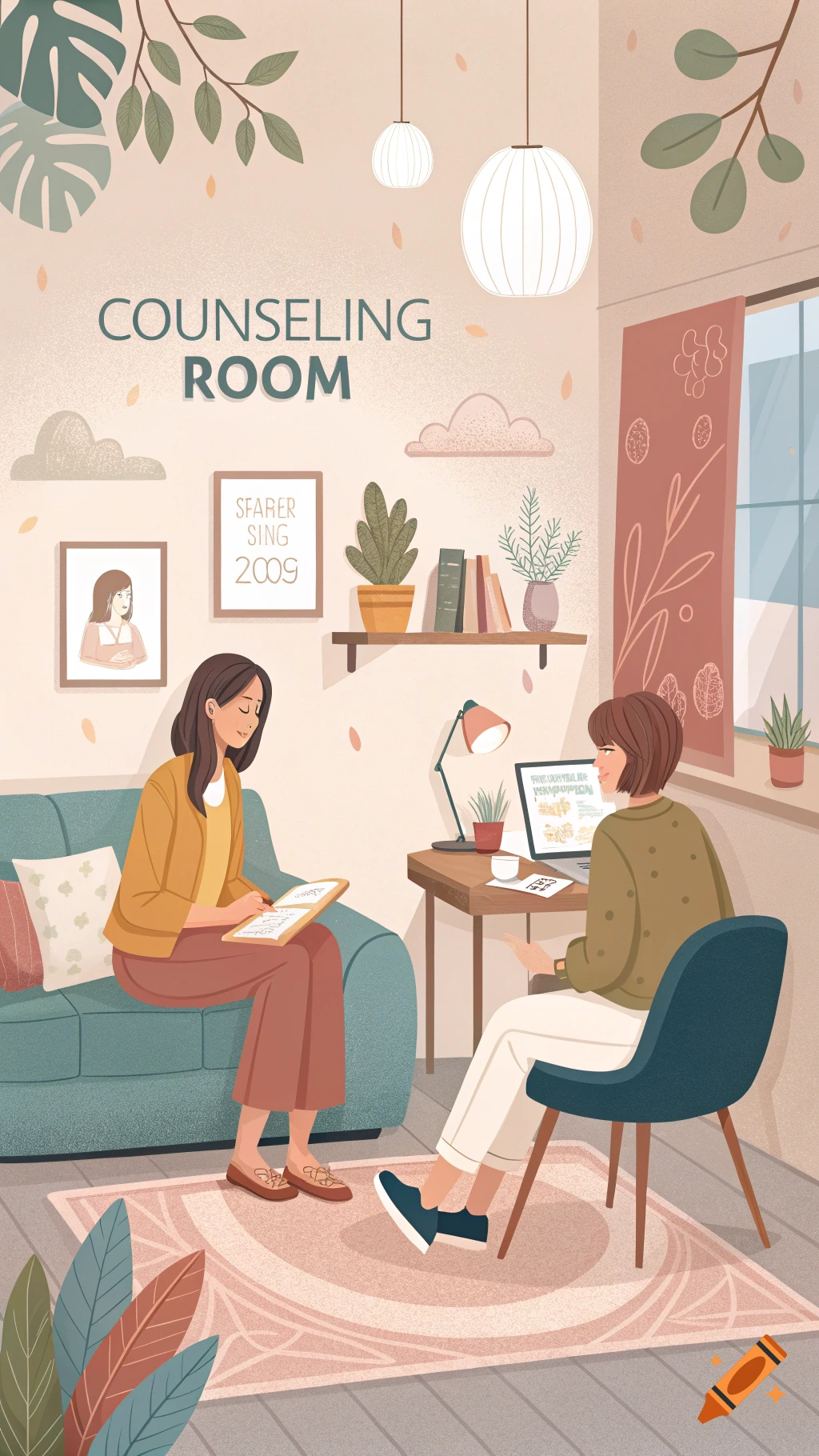 Illustration of a counseling session with a person on a sofa and a counselor at a desk.