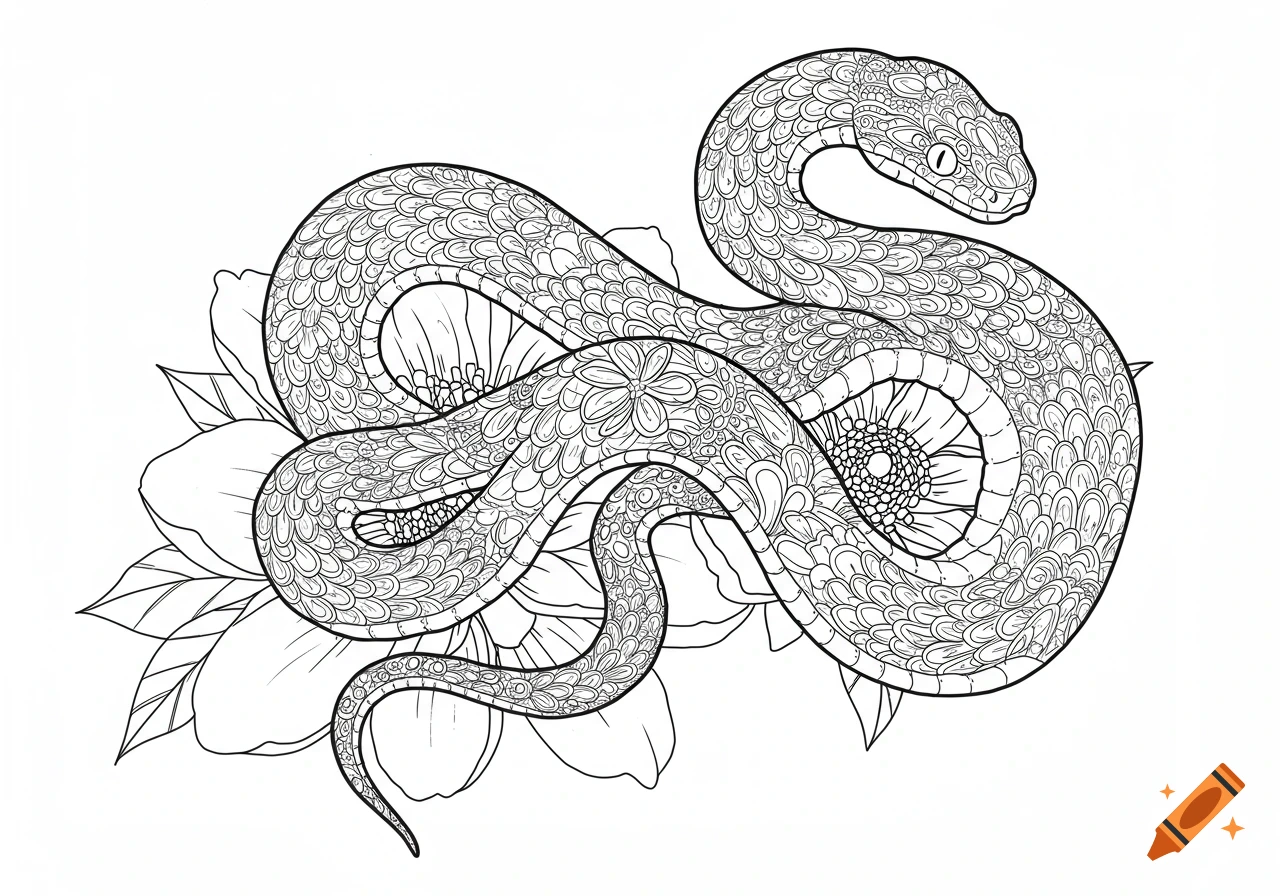 Line art drawing of a snake with patterned scales coiled around flowers, in a coloring book style.
