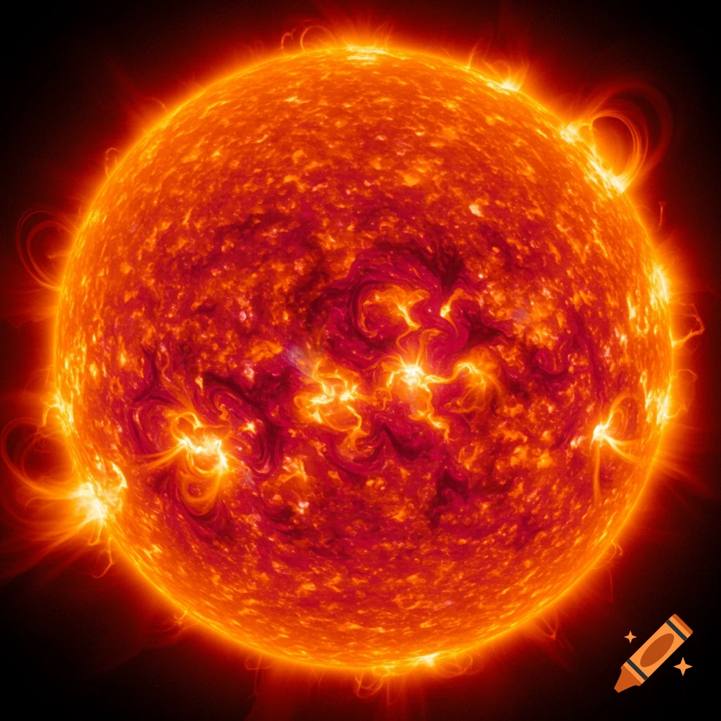 A close-up image of the sun showing intense flares and plasma activity.