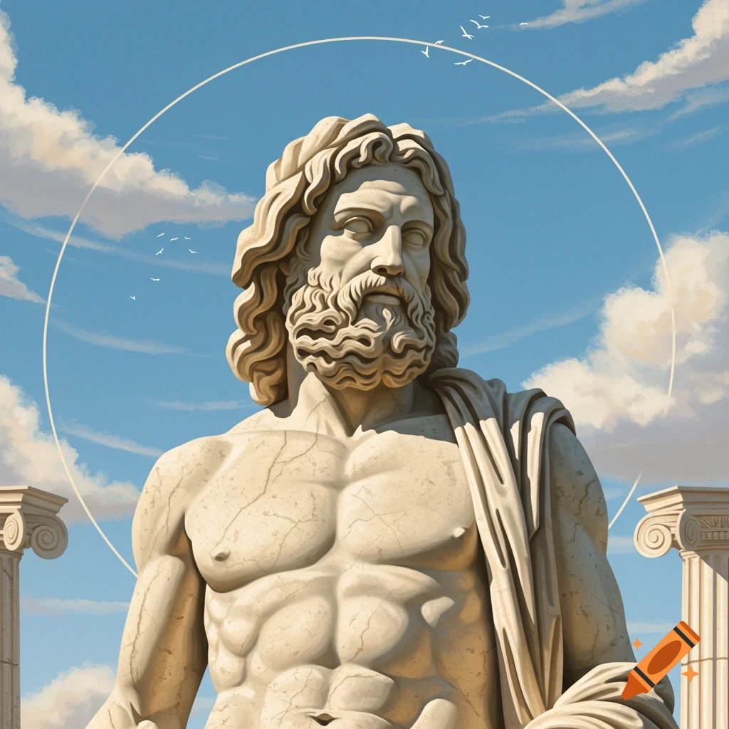 Marble statue of a Greek god against a sky with clouds and classical columns